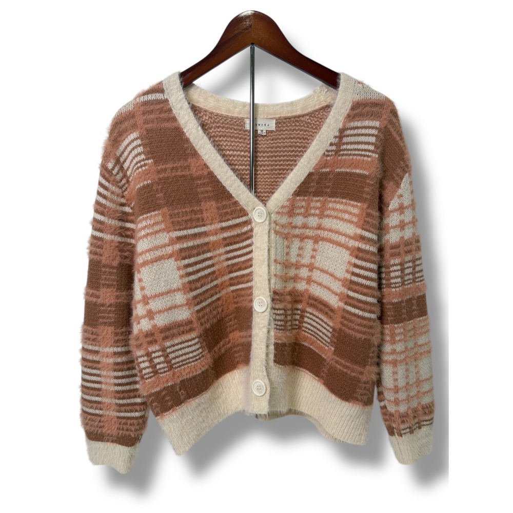 Promesa Fuzzy Plaid Cardigan Women's Medium Eyelash Knit V-Neck Pink Brown Cream